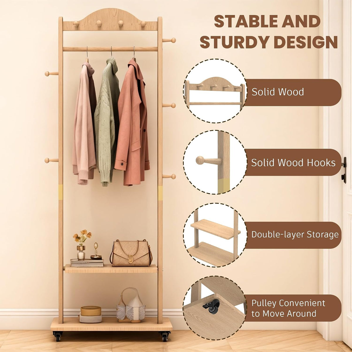 Solid Wood Coat Rack, Freestanding Clothes Rack with Wheels—Heavy Duty Clothes Rack with 2 Shelves, 4 Top Hooks & 5 Side Hooks Ideal for Wallets, Hats, Shoes, Clothes(Natural)