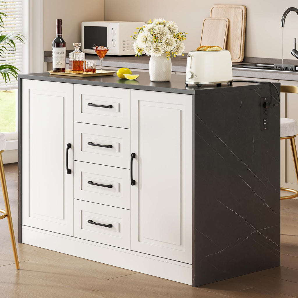 ONBRILL Kitchen Island with 2 Storage Cabinets & 4 Drawers, White+Black