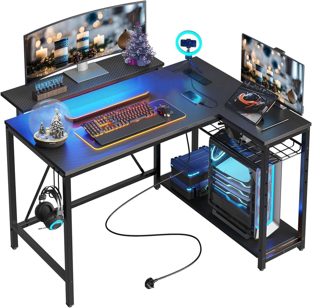 Bestier 42-Inch Pink L-Shaped Gaming Desk with Charging & LED