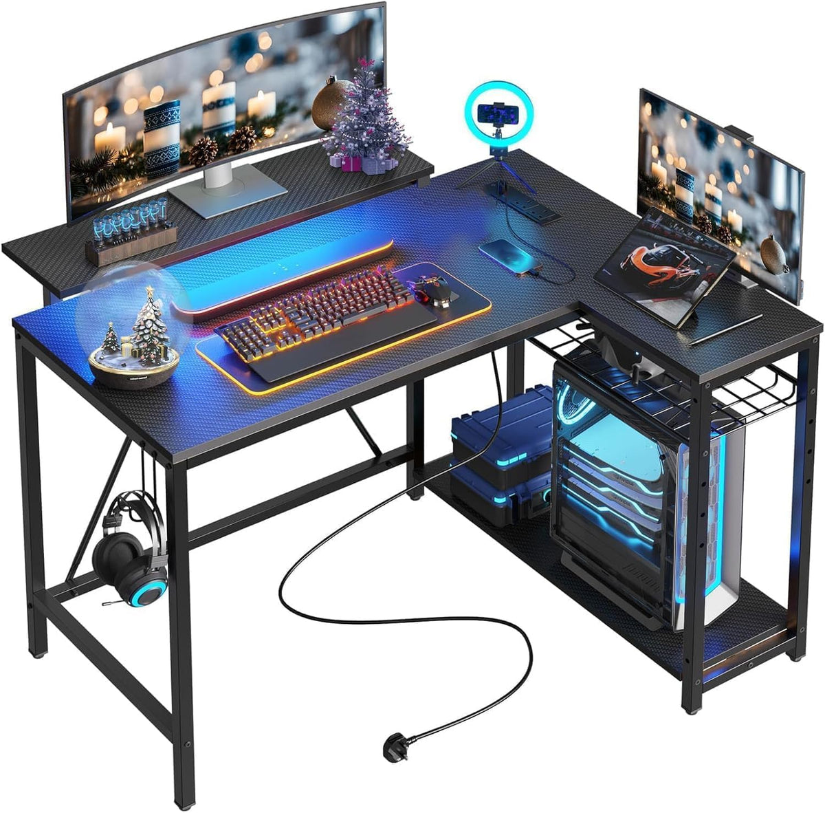 Bestier 42-Inch L-Shaped Computer Desk with Charging & LED, Black