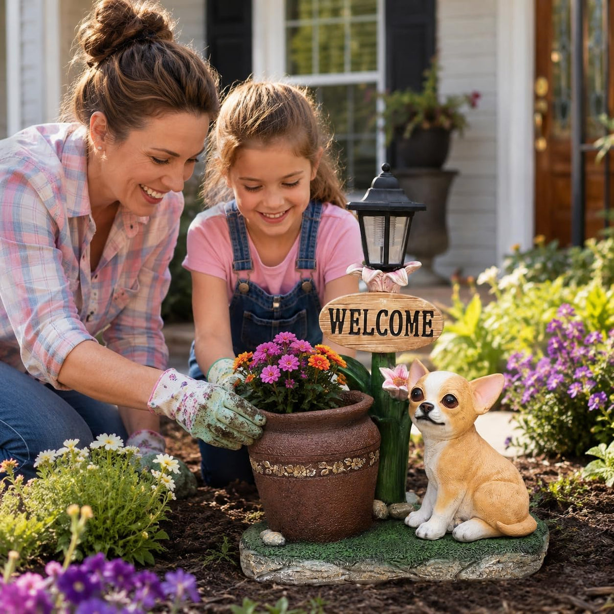 Solar Chihuahua Dog Statue with Welcome Sign & Lantern, Resin Puppy Garden Figurine Planter Pot, Realistic Outdoor LED Light for Porch, Yard Art & Lawn Decor, Unique Gift for Dog Lovers