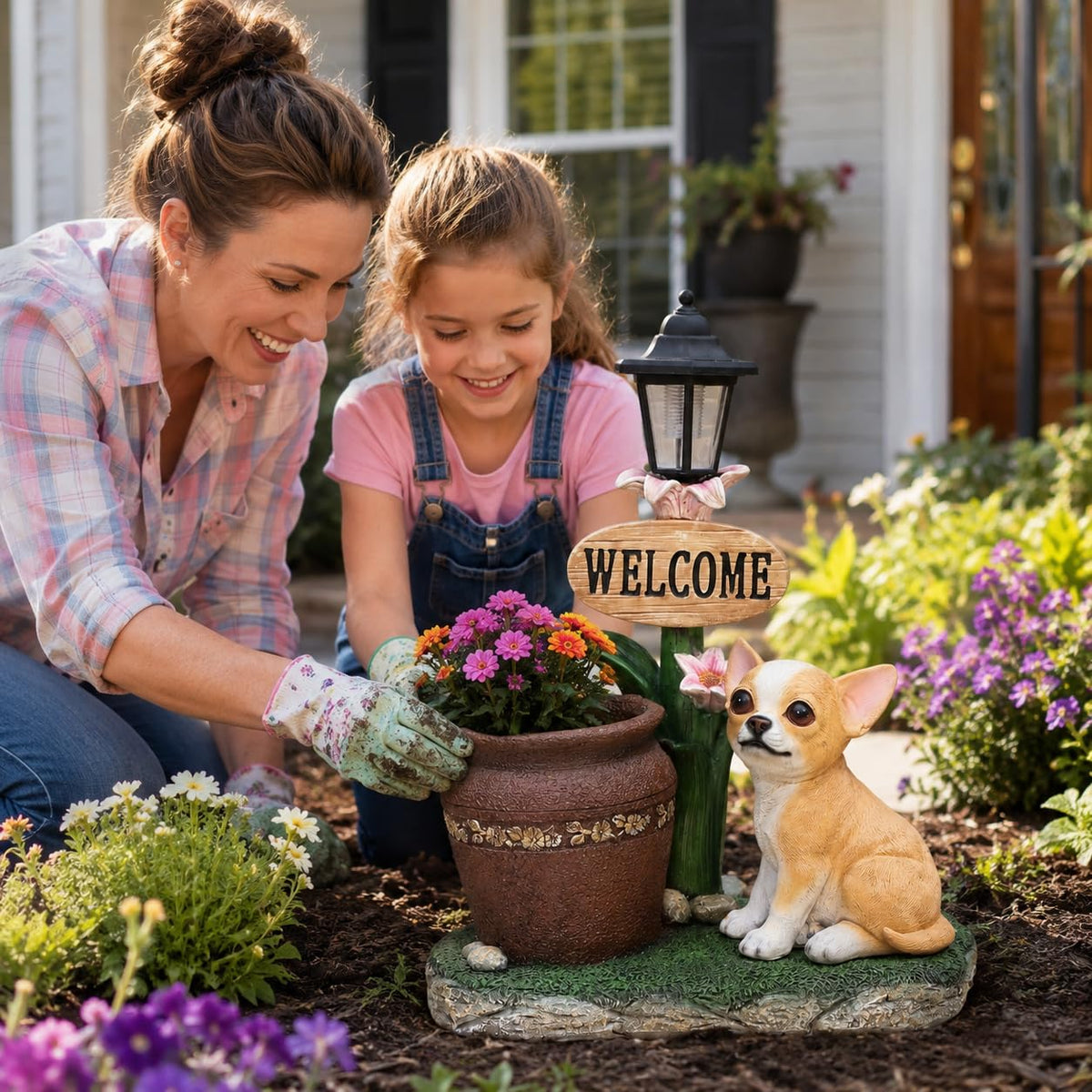 Solar French Bulldog Statue with Welcome Sign & Lantern, 3 Dogs Garden Figurine Planter Pot, Realistic Outdoor LED Light for Porch, Yard Art & Lawn Decor, Unique Gift for Dog Lovers