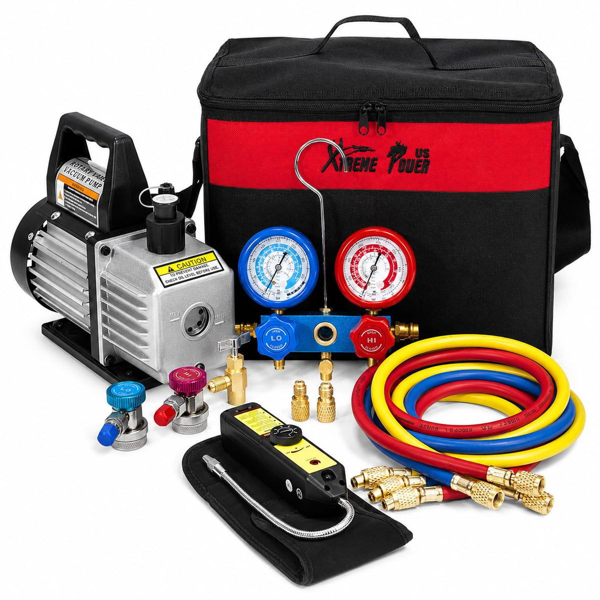 XtremepowerUS 3CFM 1/4HP Vacuum Pump HVAC R134a, R12, R22, R410a, A/C Refrigeration R134 Can Tap Adapter, R134 Quick Connector AC Manifold Gauge Air Conditioner Oil Bottle w/Bag