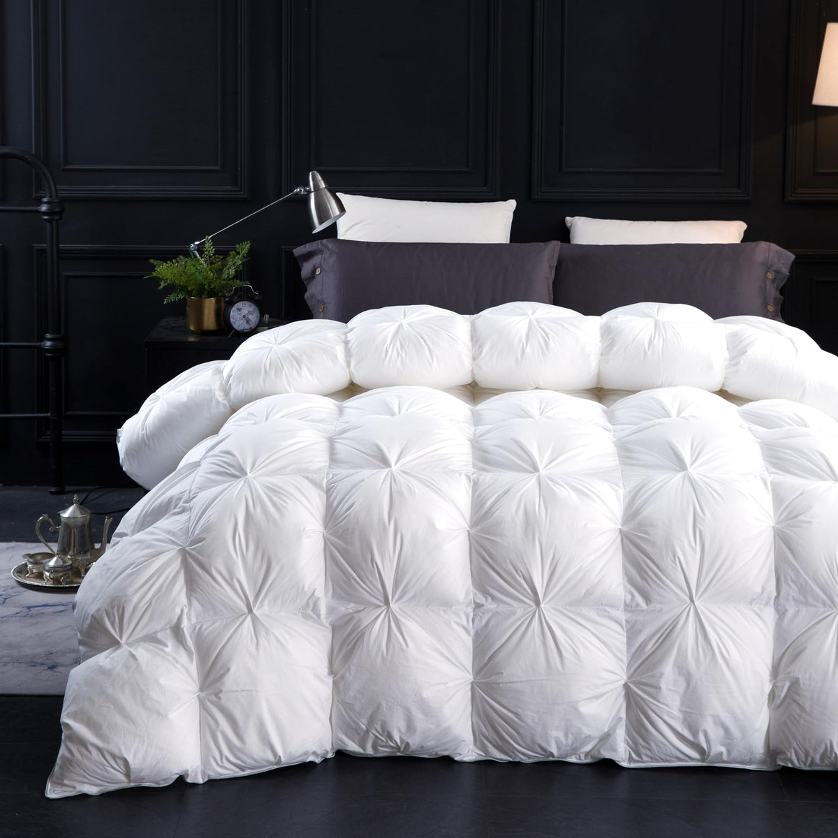 Three Geese Pinch Pleat Waterfowl Feathers and Down Comforter Queen Size Duvet Insert, 1200TC 100% Cotton Fabric, Premium All Seasons BlackGrey Warm Hotel Comforter with 8 Tabs.