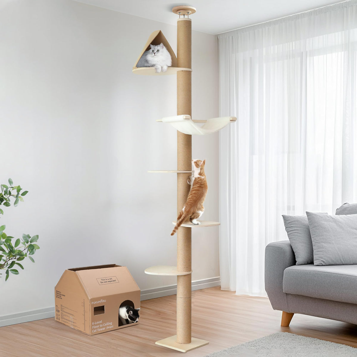 FUKUMARU Floor to Ceiling Cat Tree, 6-10 ft, 6 Level, Grey