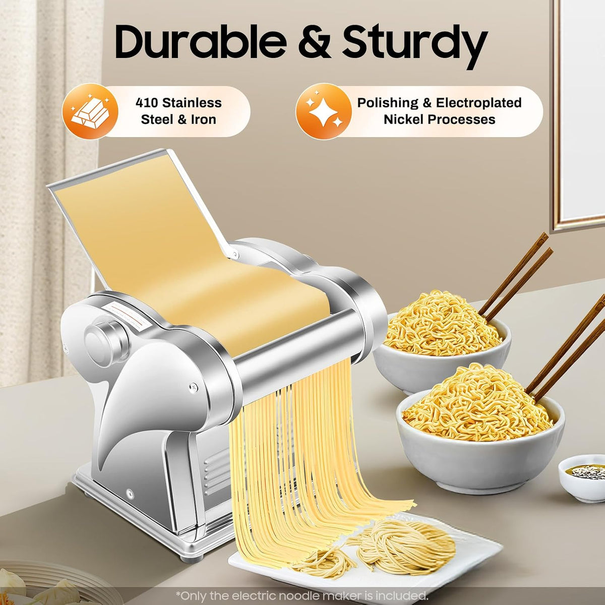 Bacocoo 2-in-1Pasta Maker with 8 Adjustable Thickness, Settings Noodle Maker with Rollers and Cutter, Make Spaghetti, Fettuccini, Lasagna, & More.(135W 110V)