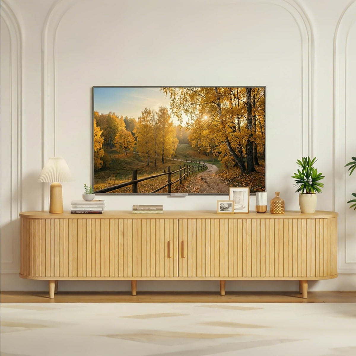 MXV 58" Mid-Century Modern TV Stand with Sliding Doors, TV Consoles with Power Outlet, Fluted Entertainment Center with Adjustable Shelves for Living Room