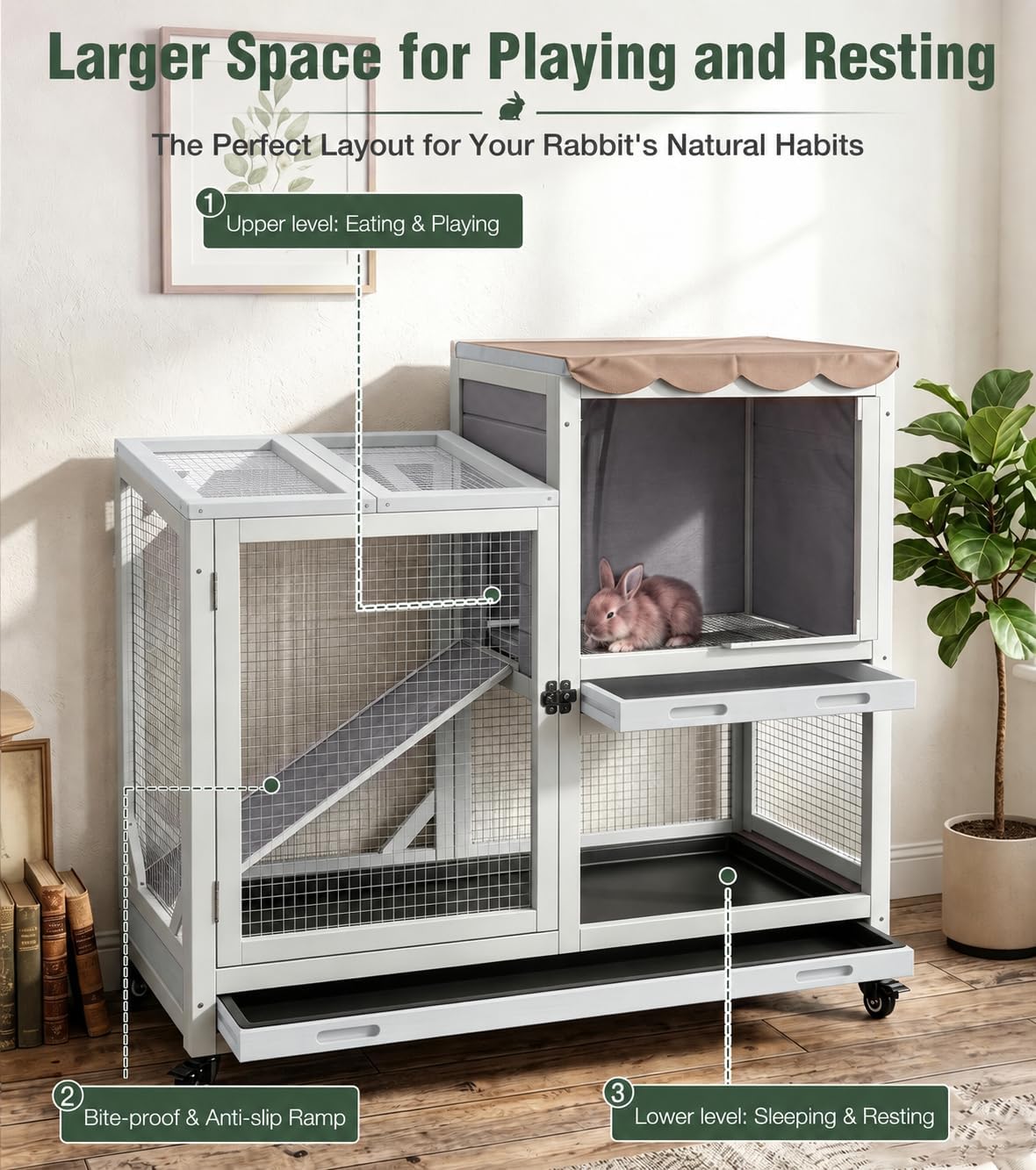 GUTINNEEN Wooden Duplex Rabbit Cage on Wheels with Chew-Proof Ramp, Grey