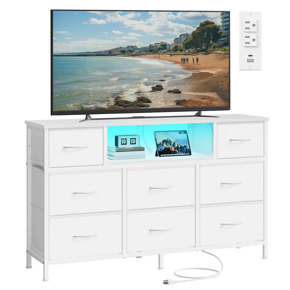 SONGMICS Dresser for Bedroom with Outlets & LED Lights, 8 Fabric Drawers