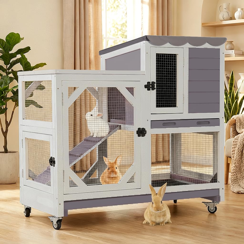Aivituvin Rabbit Hutch Indoor Bunny Cage Outdoor 2 Story Pet House Guinea Pig Cage on Wheels 36" L
