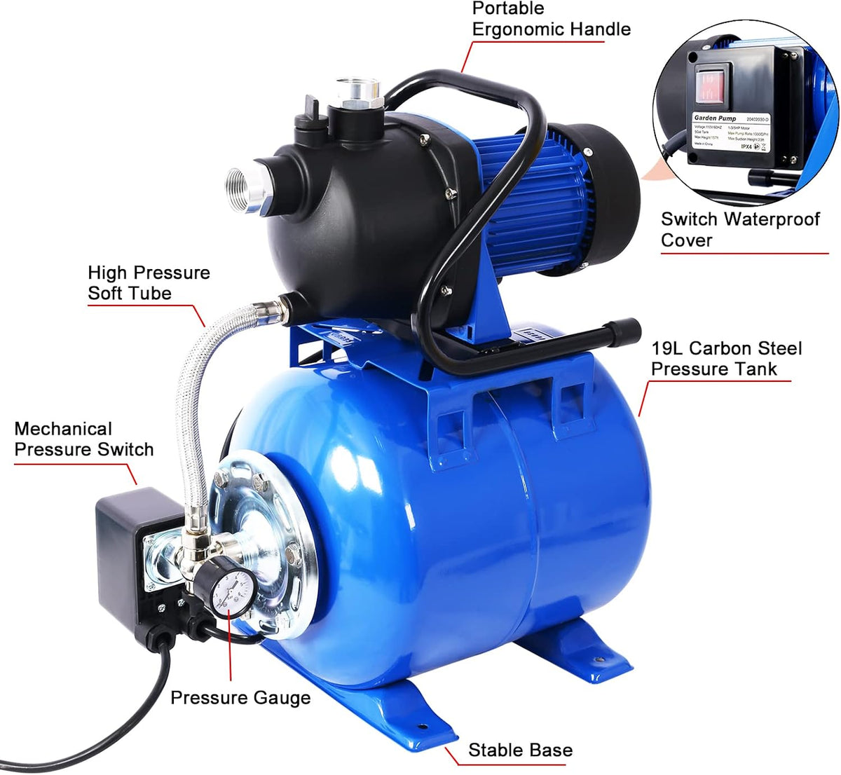 1.6 HP Shallow Well Pump with Pressure Tank, 110V Garden Water Pump, 1000GPH,Stainless Steel, Automatic Water Booster Jet Pump with for Home, Garden, Lawn, Irrigation