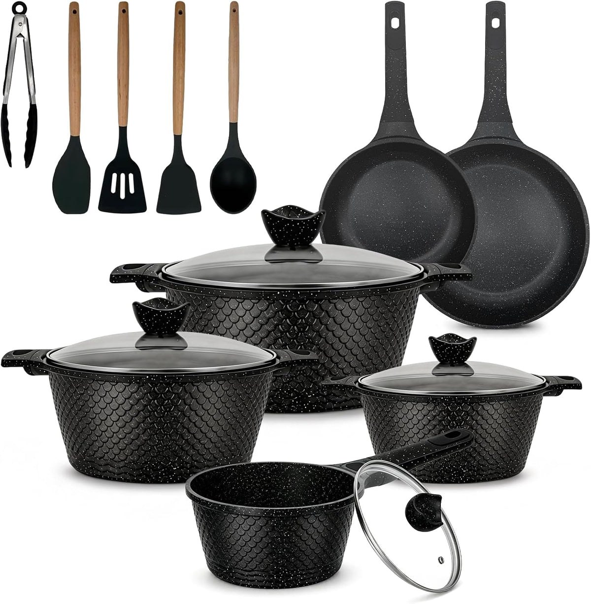16 Piece Black Ceramic Sauce Pots and Pans Set, Nonstick Cookware Set with Lids,Fish Scale Kitchen Utensils, Healthy Ceramic Cooking Set, Induction Compatible, Dishwasher Safe, PFOA & PFAS Free