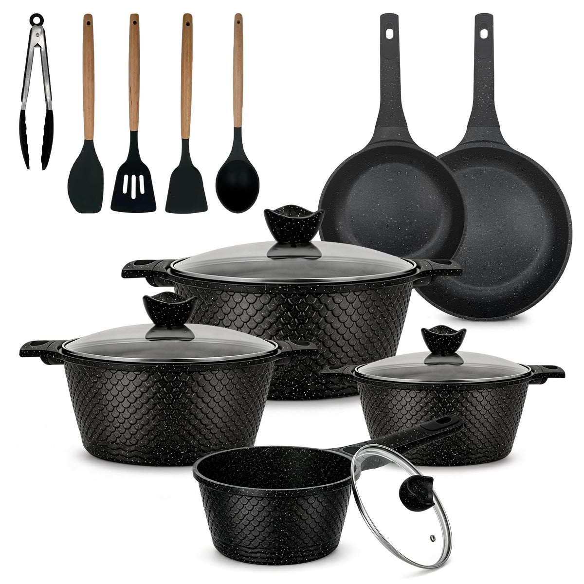 29-Piece Nonstick Cookware Set, Sauce Pots and Pans,3.5QT/4QT/5QT/8.8QT STOCK POT,10 PAN protector,7 utensil,All Cooktops Compatible, Includes Steamer,black