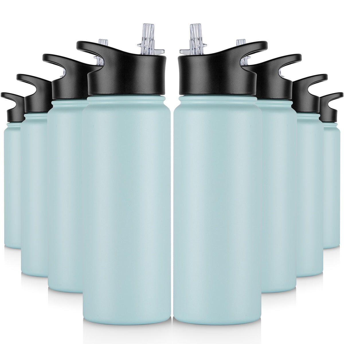 32 oz Insulated Water Bottle Bulk 8 Pack, Stainless Steel Sports Water Bottles with Straw Lid & Wide Mouth Lids, Double Walled Vacuum, Leak Proof, White