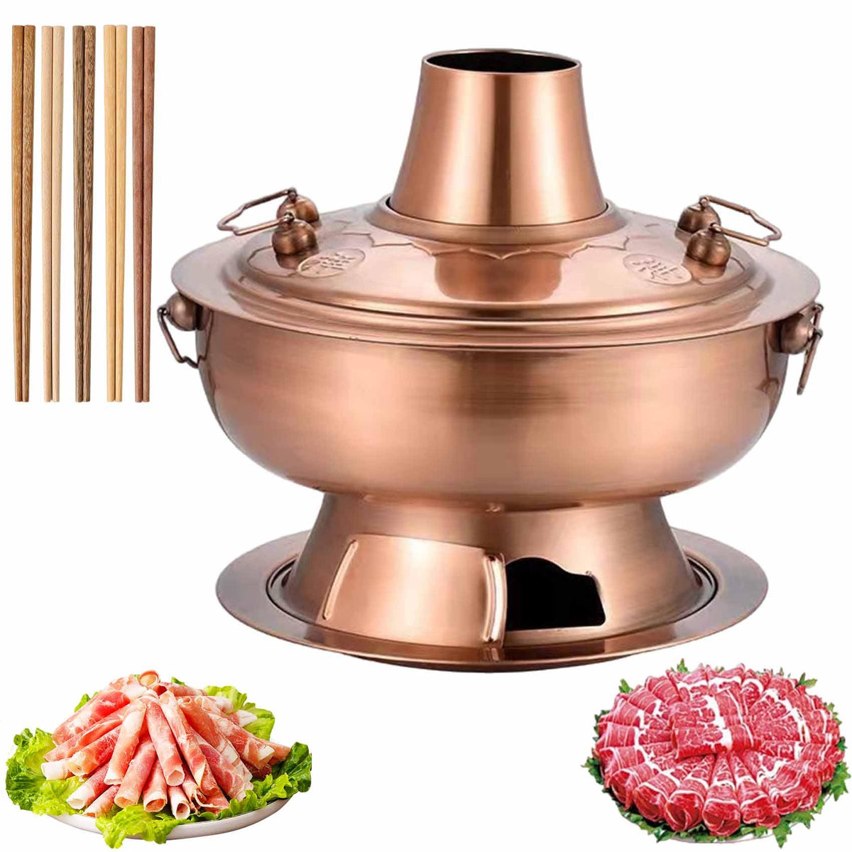 Chinese Charcoal Hot Pot, Food-grade Stainless Steel Hot Pot，Copper-12.6in