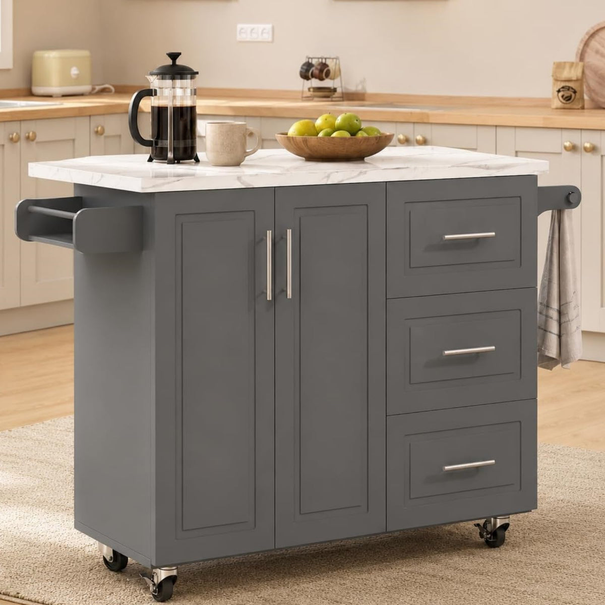 43" Kitchen Island on Wheels, Rolling Kitchen Island with Drop Leaf, Black