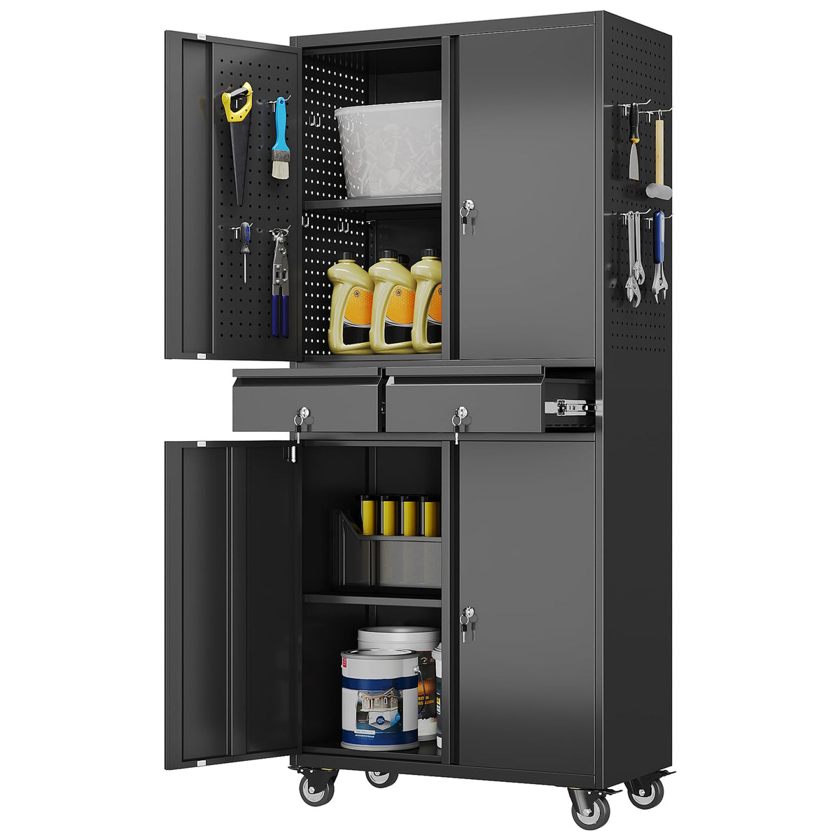 Aobabo 71" Metal Storage Cabinet with Wheels, 5 Shelves & Pegboards, Black