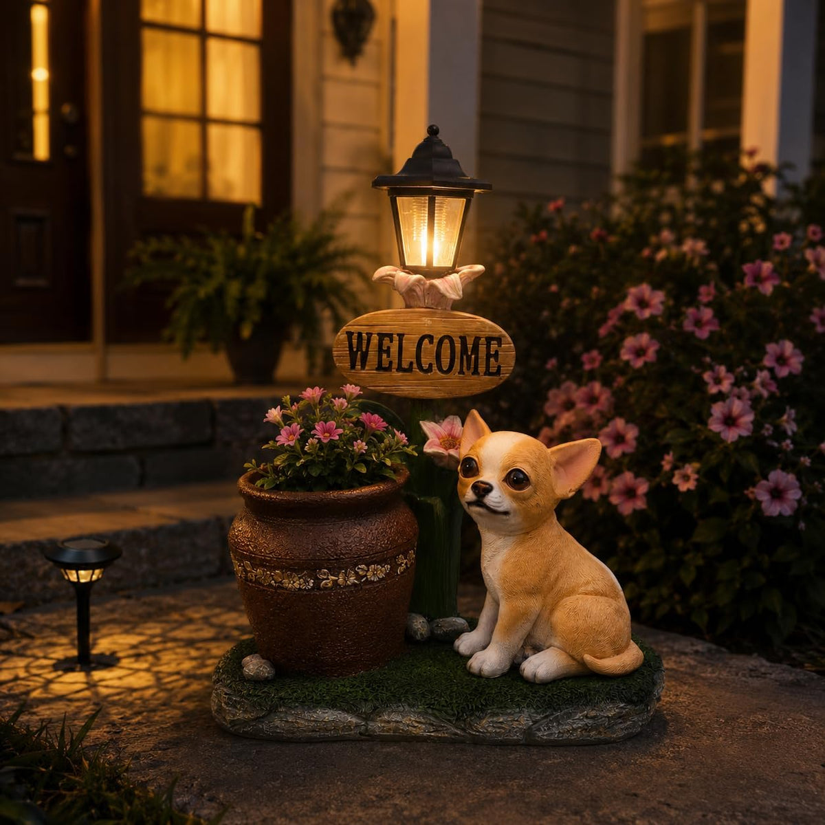 Solar Chihuahua Dog Statue with Welcome Sign & Lantern, Resin Puppy Garden Figurine Planter Pot, Realistic Outdoor LED Light for Porch, Yard Art & Lawn Decor, Unique Gift for Dog Lovers