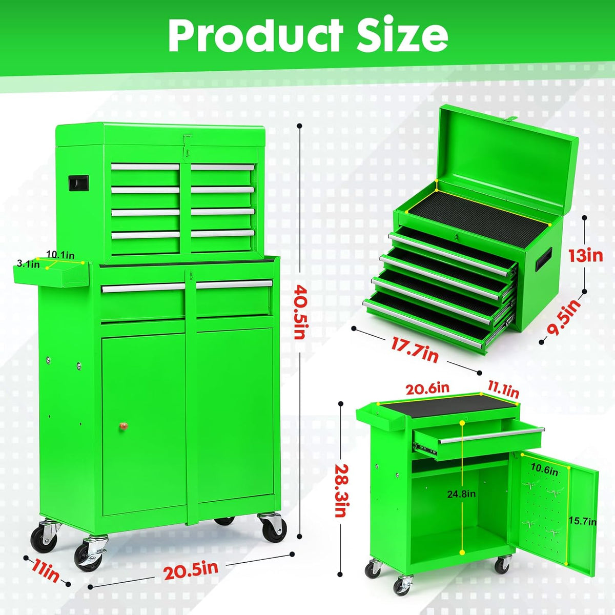 5-Drawer Rolling Tool Chest with Detachable Tool Box, Lockable Wheels, 4 Hooks, and Liner, Heavy-Duty Metal Tool Cart for Garage and Workshop Storage, Green