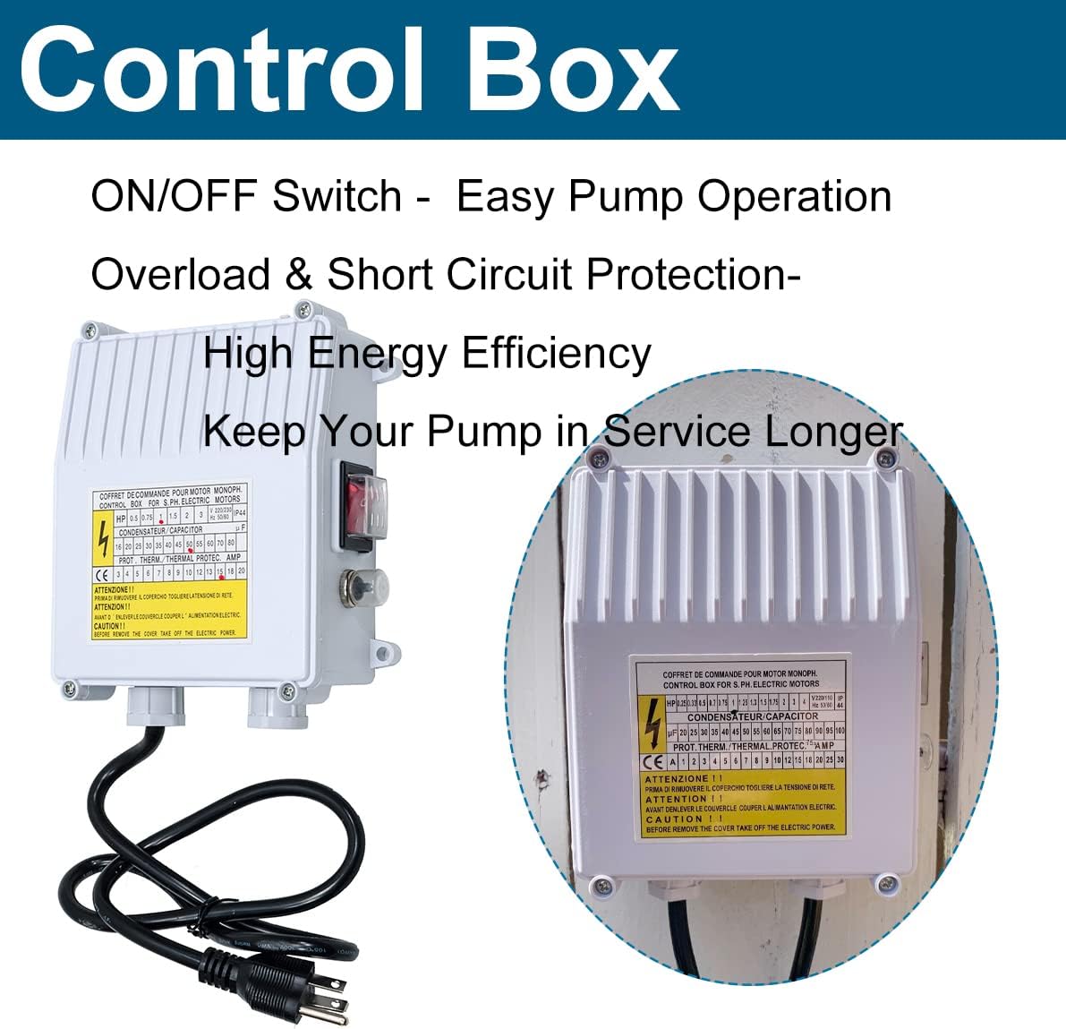 Deep Well Submersible Pump with Control Box 1HP 115V Well Pump Submersible Water Pump Stainless Steel 33 GPM,266ft Lift 100ft Power Cord ON/OFF Switch for 4" Deep Well