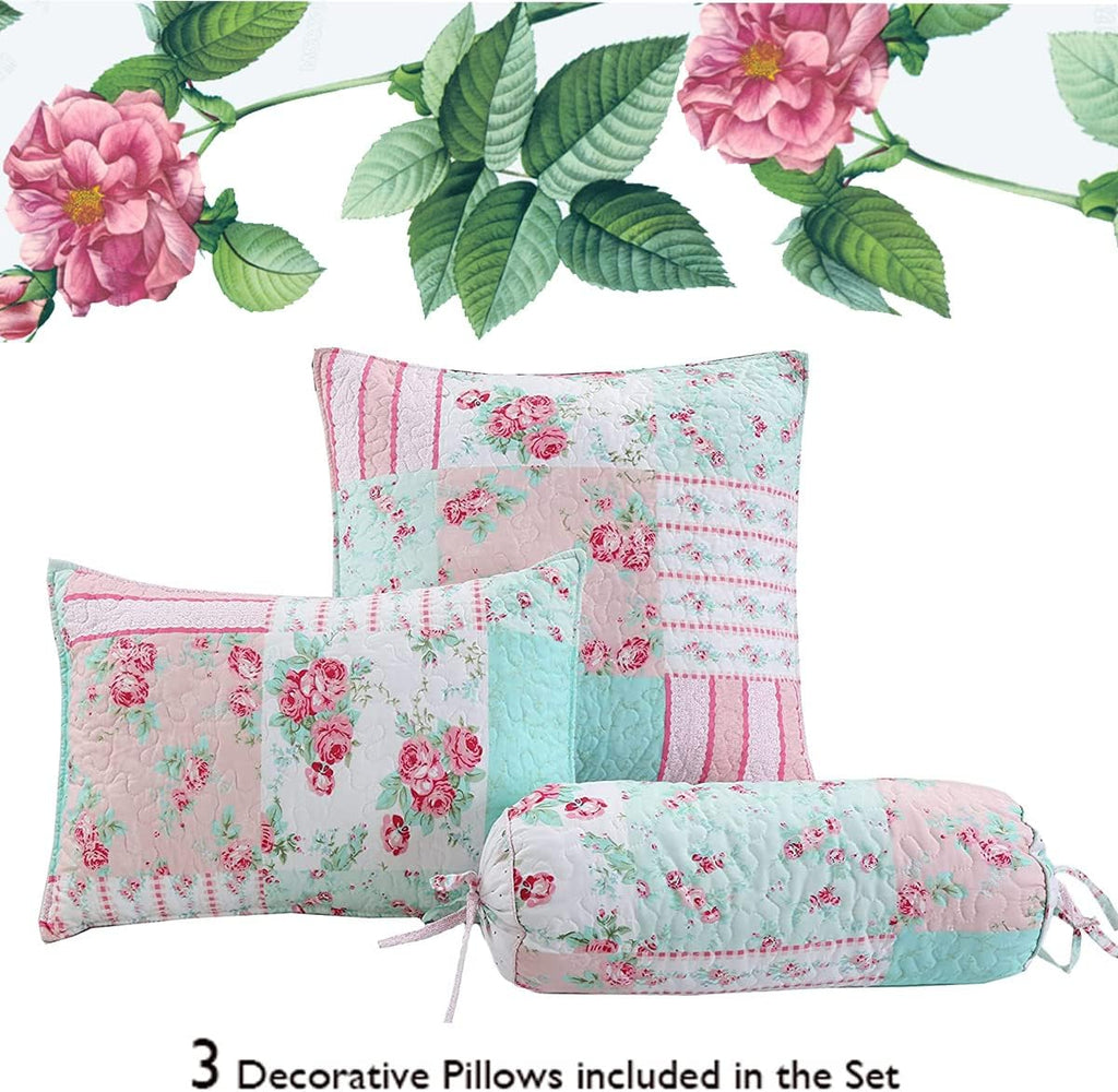 Cozy Line Home Fashions Bloom Floral Blue Rose Spring Reversible Quilt Bedding Set, Coverlet Bedspread Lightweight for All Seasons (Pink Garden, Queen - 6 Piece)