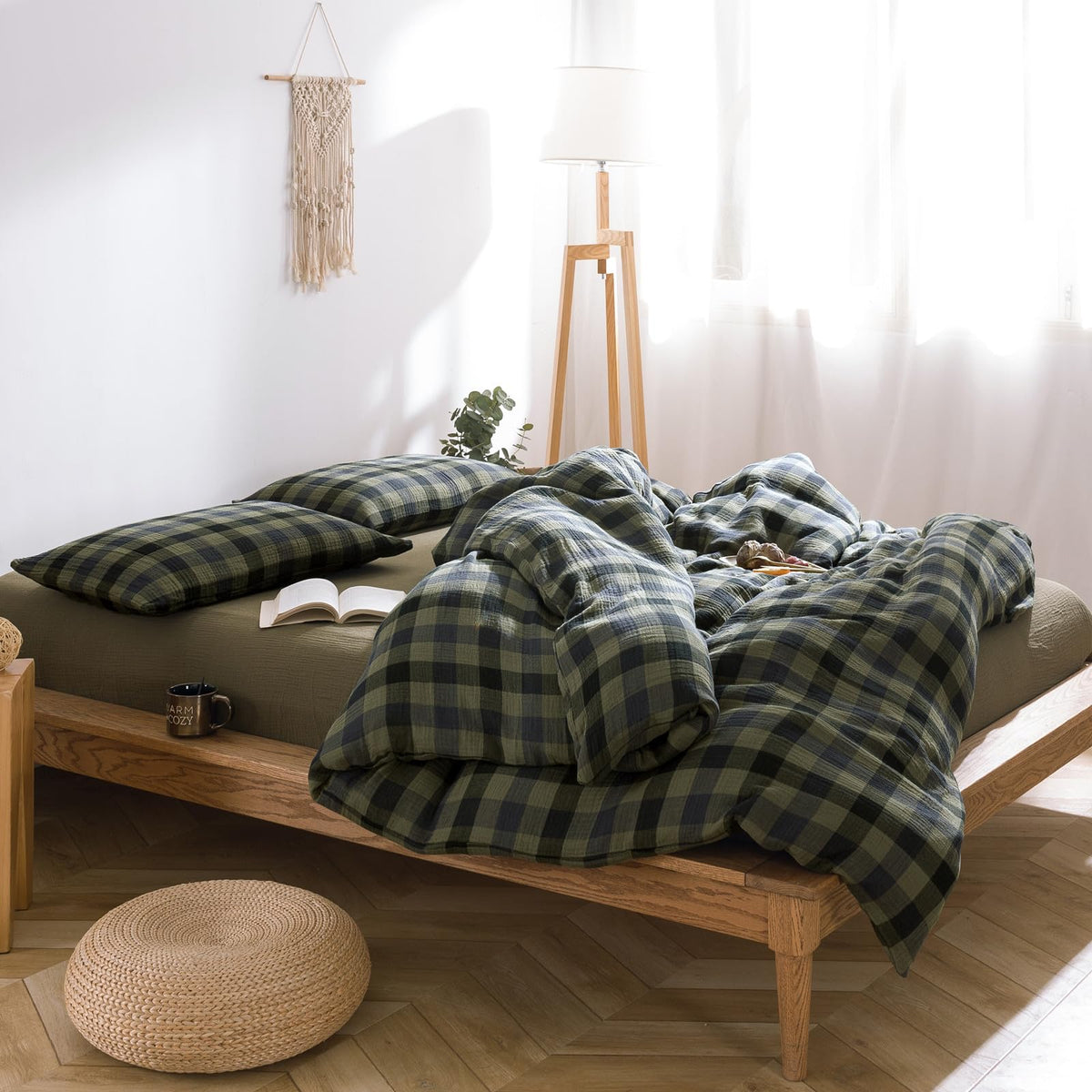 Plaid Duvet Cover Set Washed Cotton,Queen(90"x90"),Multicolor Gingham