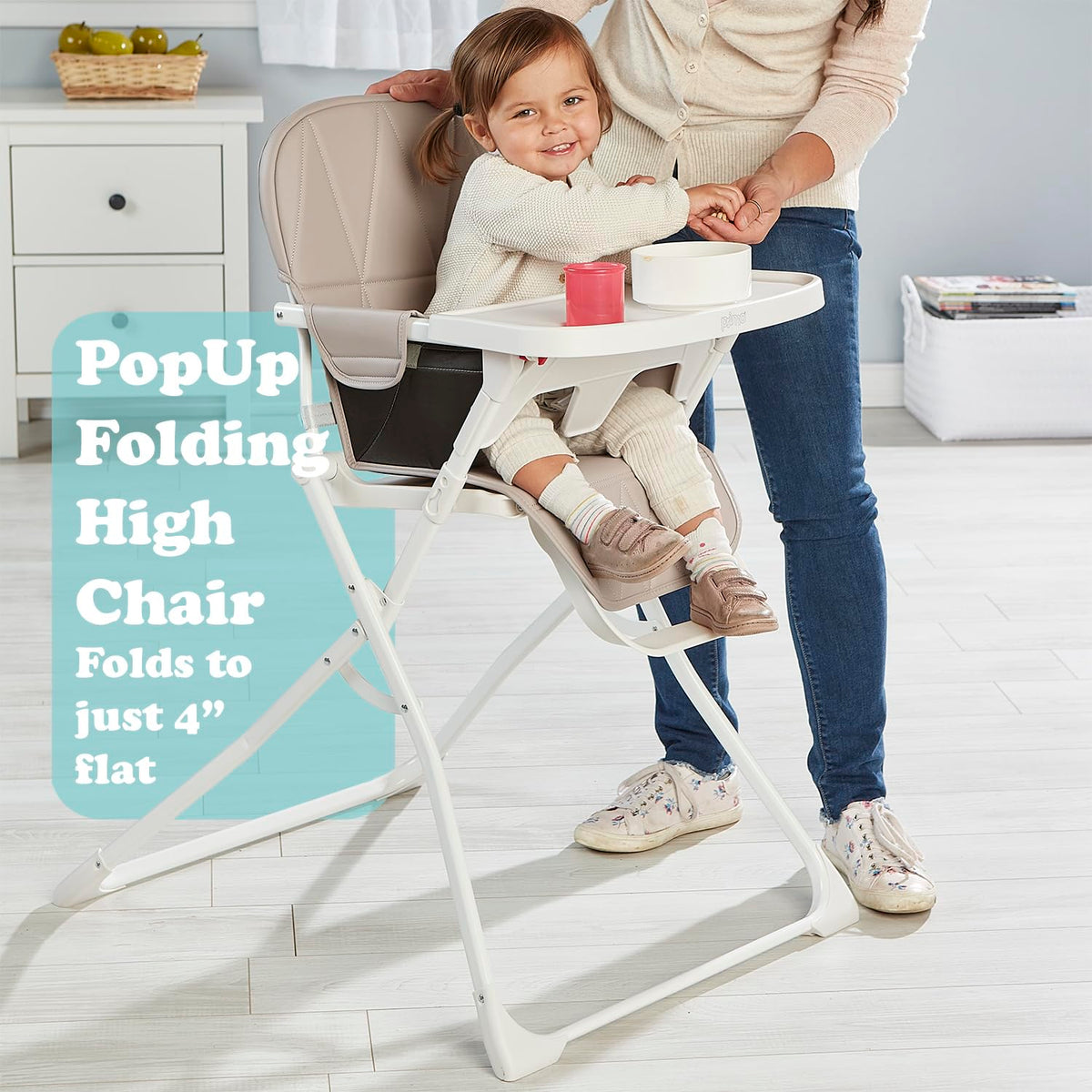 Primo PopUp Folding High Chair for Baby Age 6 to 36 Months - Taupe Folding Beach Style High Chair with Removable Dishwasher Safe Tray, 3pt Safety Harness, Leatherette Seat - Space Saving Design
