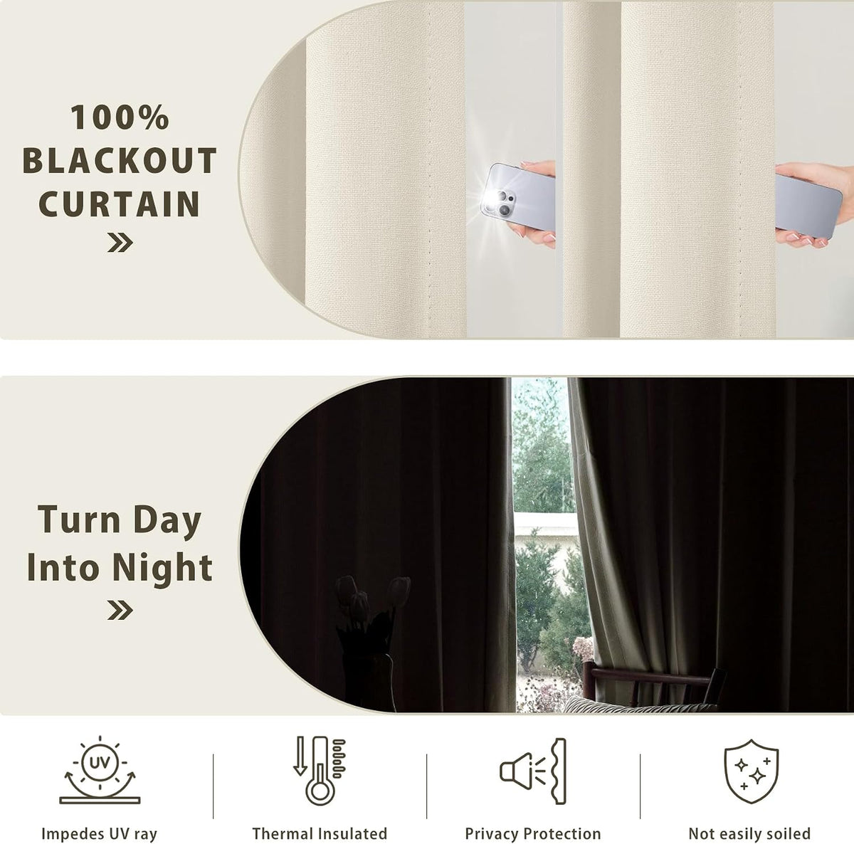ChadMade 100% Blackout Window Drapes for Living Room, Rod Pocket Back Tab Hook Belt Flat Hooks Curtains for Bedroom Living Room Privacy Protect Curtains, Khaki, 2 Panels, 50 W x 168 L Inch