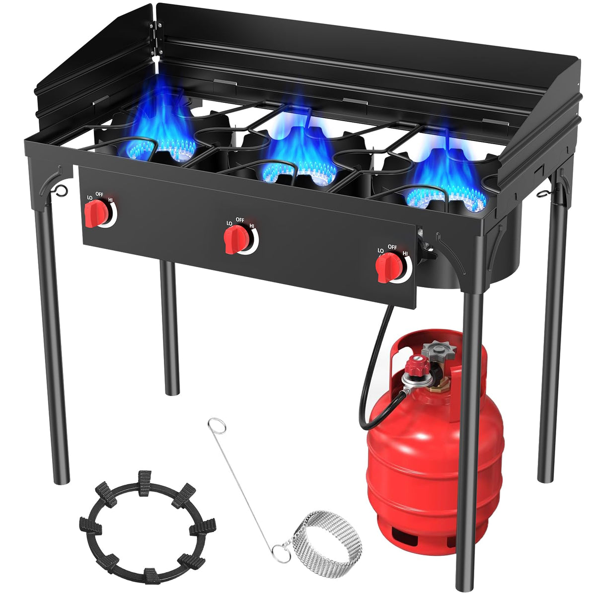 BESTFIRE 2 Burner Camping Stove,150,000 BTU High Pressure Outdoor Propane,4ft 20 PSI Adjustable Regulator Hose With Removable Legs for Backyard Cooking Camping Home