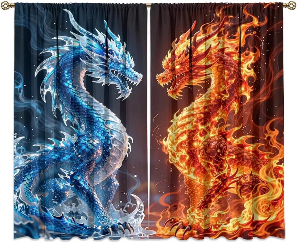 Dreamy Ice Fire Dragon Rod Pocket Curtains-Fantasy Yin Yang Theme Blackout Curtains & Drapes for Bedroom,Mythological Wild Animals Dragon Room Darkening Window Curtain,2pcs,Each 52“W x 96”L