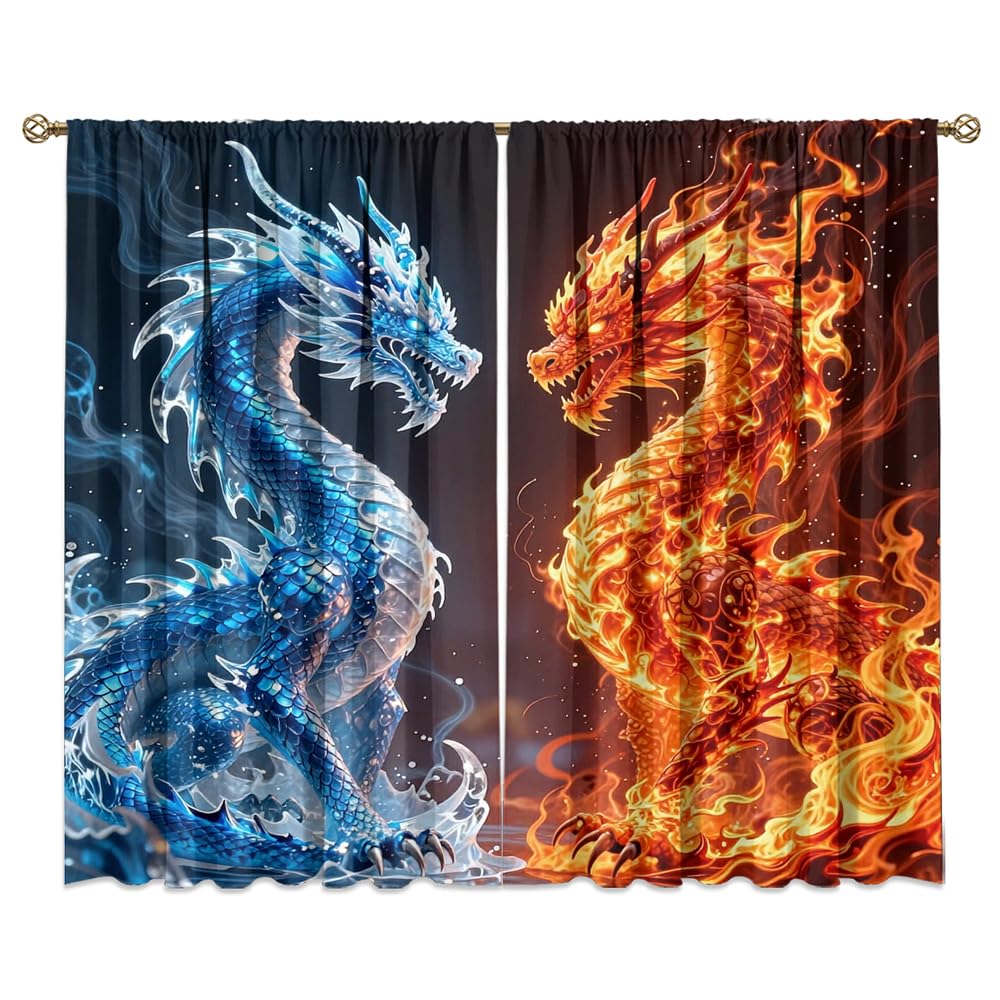 Fantasy Mythical Animal Dragon Curtains,Dreamy Galaxy Full Moon Room Darkening Blackout Window Treatment,Mythological Wildlife Dragon Rod-Pocket Privacy Curtains,2pcs,Each 52“W x 96”L