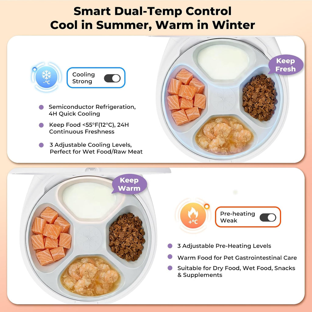 UBPET Smart Automatic Cat Feeder with Cooling & Heating, APP Control Dual-Temp Feeder for Wet/Dry/Raw Food, 24H Freshness, 4-Grid Tray, Anti-Pinch for Cats & Small Dogs (2-10kg)