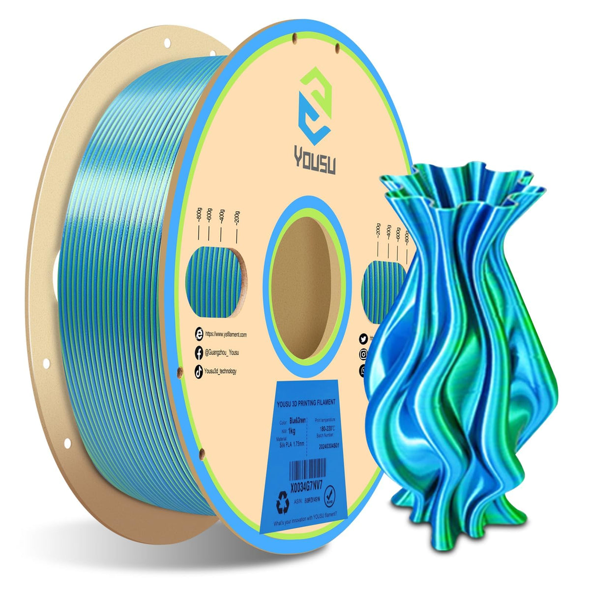 YOUSU 3D Printer Filament Silk PLA Filament Rainbow Color,1.75mm Tri Color PLA Filament 6kg Pack,1kg Spool.