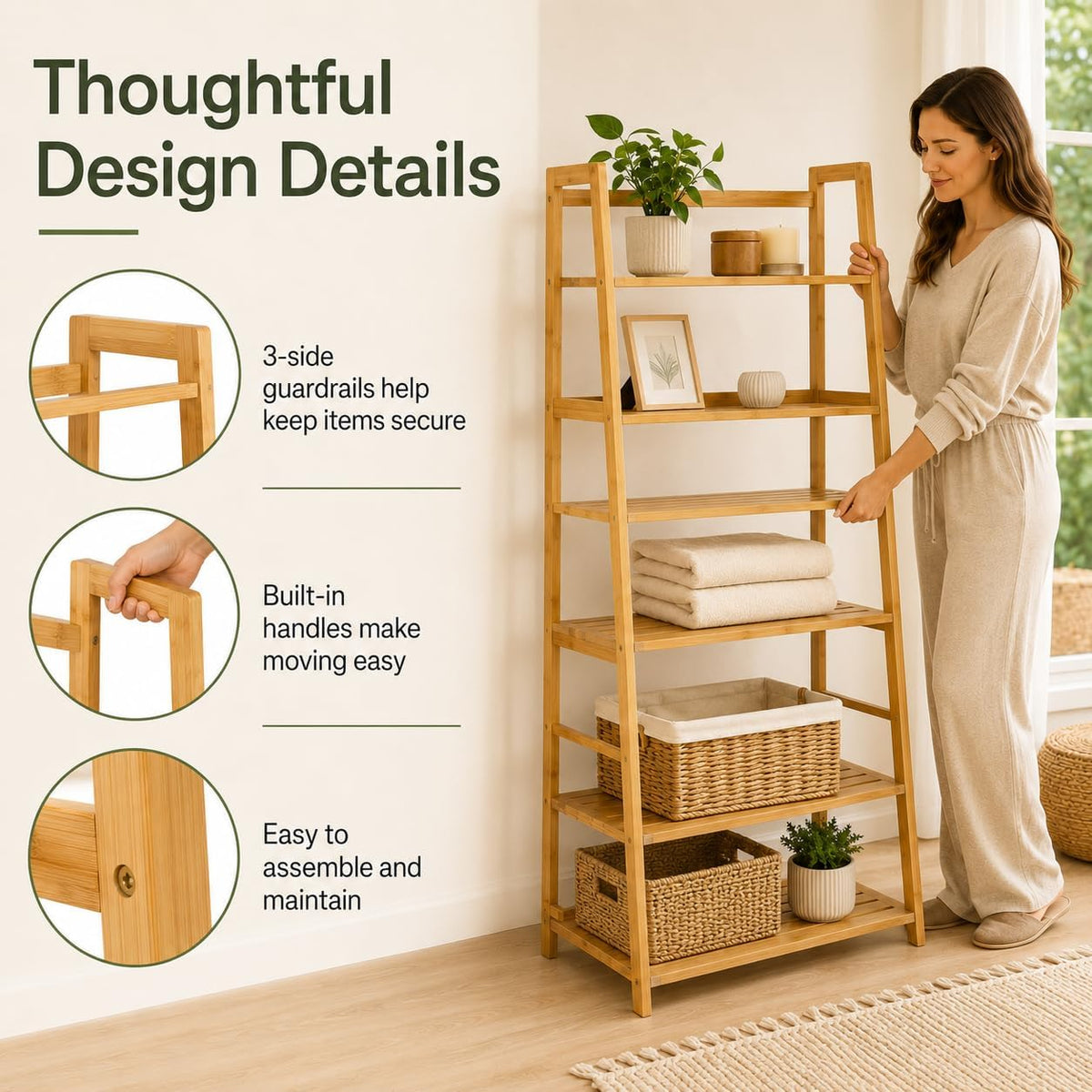4-Tier Bamboo Bookshelf Ladder Shelf Plant Stand Rack, Wood Bookshelf Natural Wood Shelving Unit, Space-Saving Leaning Bookcase with Sturdy Frame, Bamboo Shelf Decorative Display R
