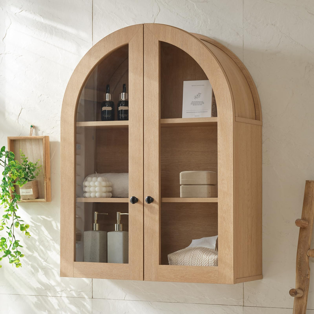 Bathroom Arched Wall Cabinet Over The Toilet Storage Cabinet, 23.5×31.4 Inch bathroom cabinet wall mount with Glass Doors & Adjustable Shelves, Wood Cabinet for Laundry Room, Kitchen, Brown/Natural
