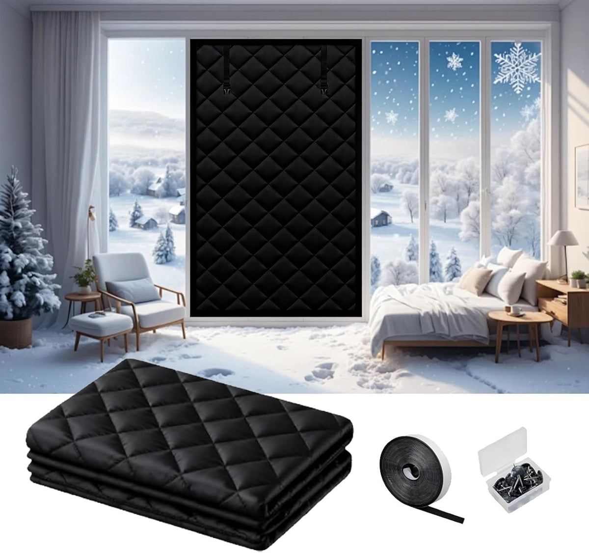 W50-200cm Insulated Window Cover, Waterproof Window Insulation for Winters, Blackout Door Windows Covering, Car Thermal Insulated Kit, 1PCS(Black,55x106in/140x270cm)
