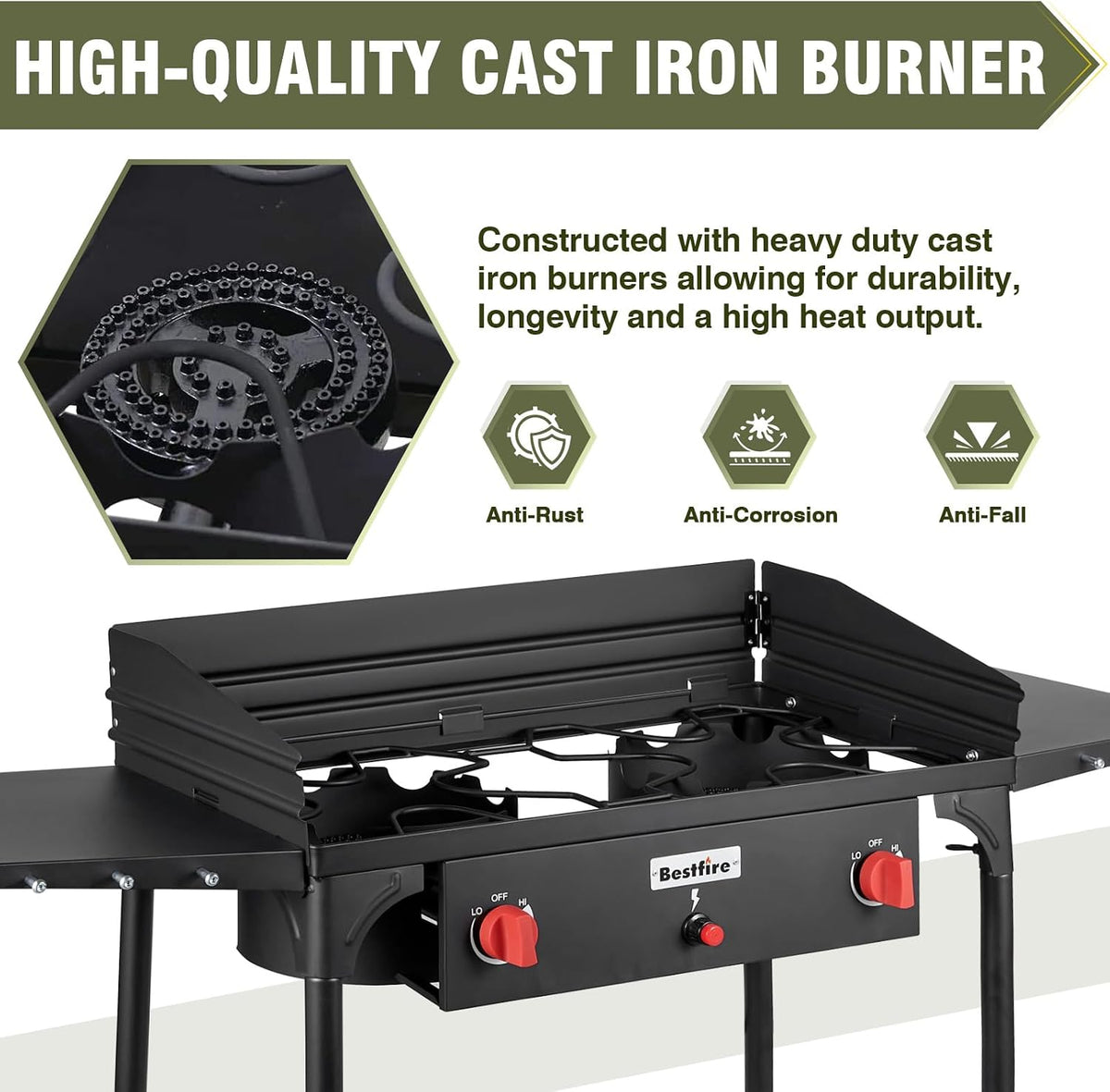 Bestfire 150,000 BTU 2 Burner Propane Camping Stove with Auto Ignition, Windpanel, Portable Outdoor Gas Cooker with Removable Legs, Side Shelves for Camping, BBQ