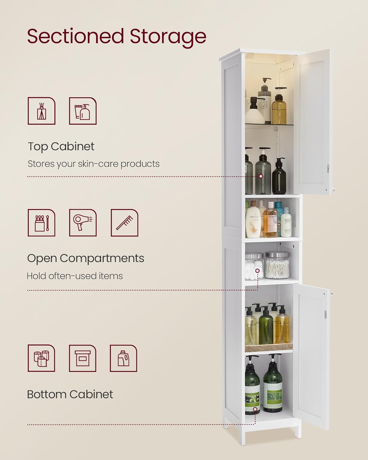 VASAGLE Tall Storage Cabinet with Lights, Slim, 11.8" W, Cloud White