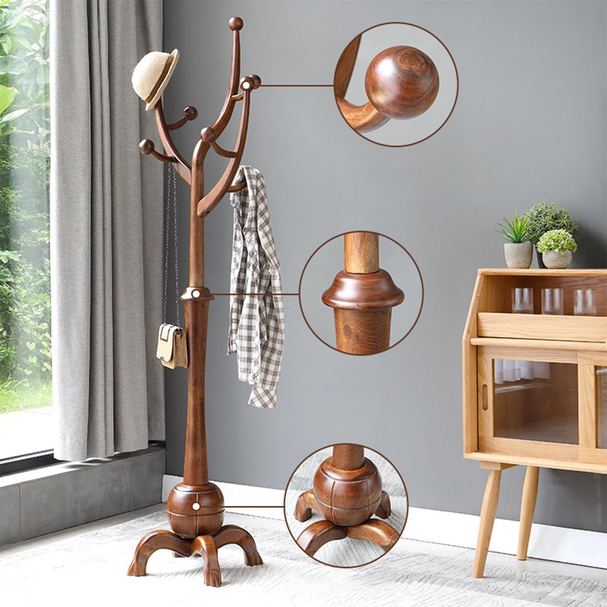 Freestanding Coat Rack with 8 Hooks, 70 Inch Floor Coat Tree Wooden Clothes Rack Tree-shaped Clothing Organizer Walnut for Entrance Living Room Bedroom