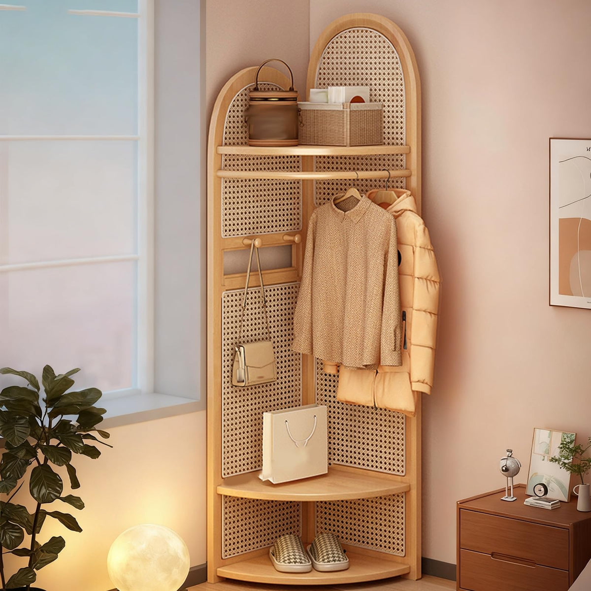 Wooden Corner Clothes Rack, 3-Tier Rattan Corner Hall Tree with Bench and Shoe Storage, Entryway Coat Rack with 4 Hooks, for Entryway or Bedroom(Yellow)