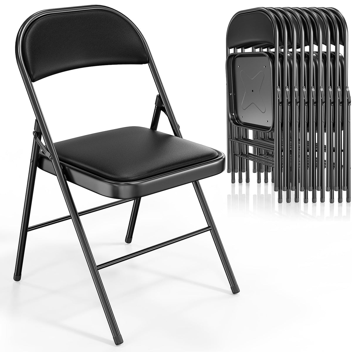 VINGLI 10 Pack Folding Chairs with Padded Seats, Metal Frame with Pu Leather Seat & Back, Capacity 350 lbs, Black