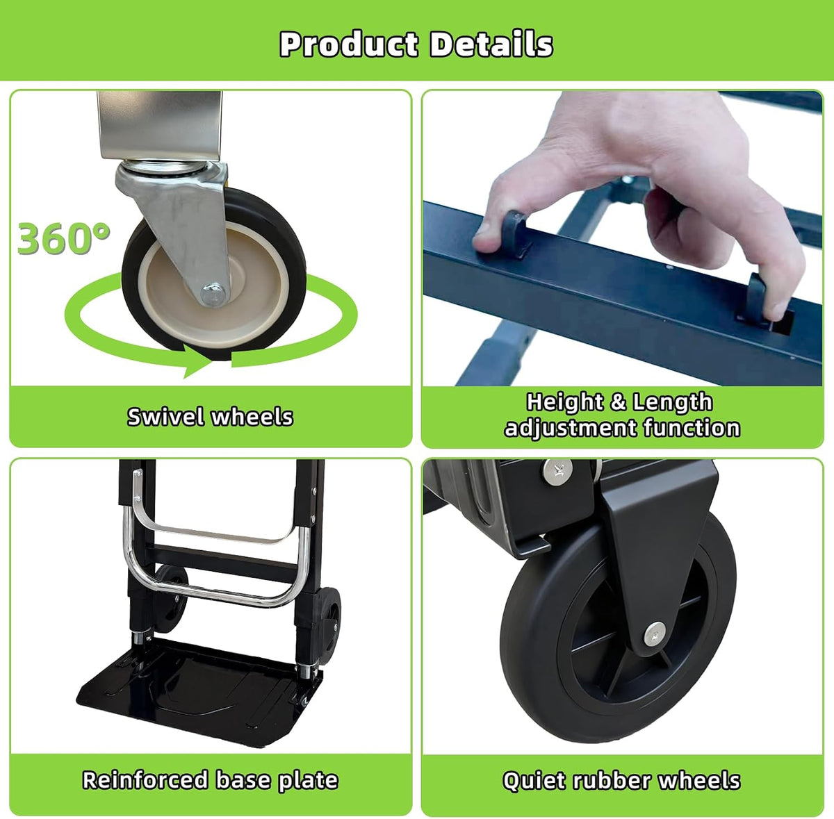 3 in 1 Folding Hand Truck, 600Lbs Capacity, Heavy Duty Collapsible Cart with Retractable Handle and 4 Rubber Wheels, Moving Dolly for Moving Home, Office, Food Service, Shopping Mall, Warehouse