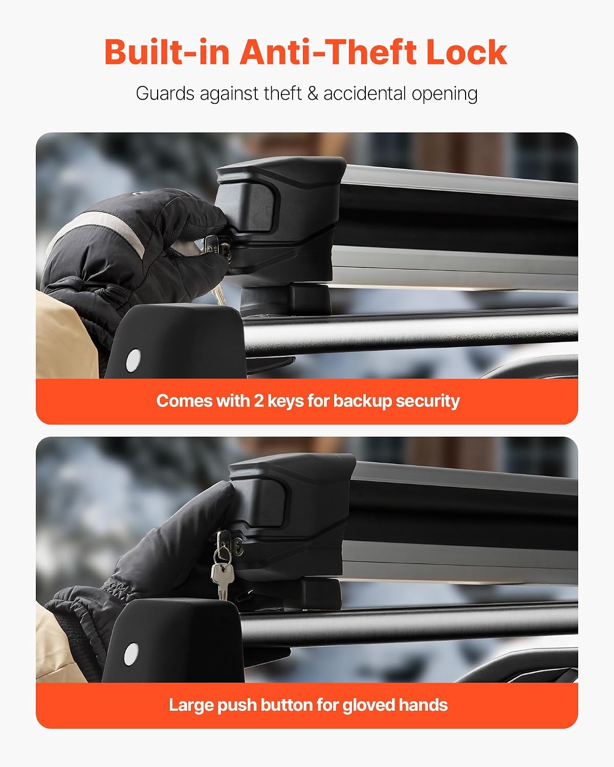 VEVOR Ski & Snowboard Roof Rack, Carry up to 4 Pairs of Skis or 2 Snowboards, 2 PCS Aluminum Universal Car Roof Rack Top Holder with Lock & Rubber Padding, Carrier for Fishing Rod, Fit Most Crossbars