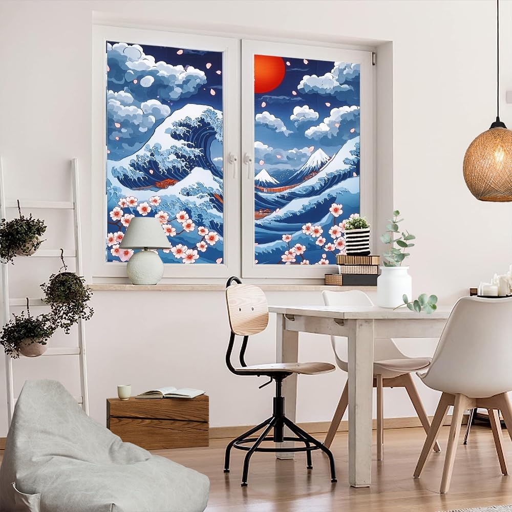 Ocean Waves Cherry Blossoms Window Privacy Film 31.5Wx47.2L inch x 2pcs