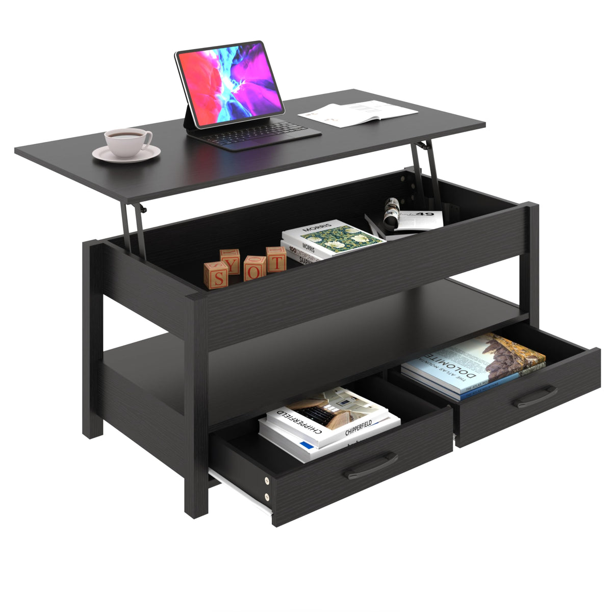 Panana Coffee Table, Lift Top Coffee Table with Hidden Compartment, 2 Drawers and 1 Open Shelf, Retro Central Wooden Table Lift Tabletop for Living Room (Black)