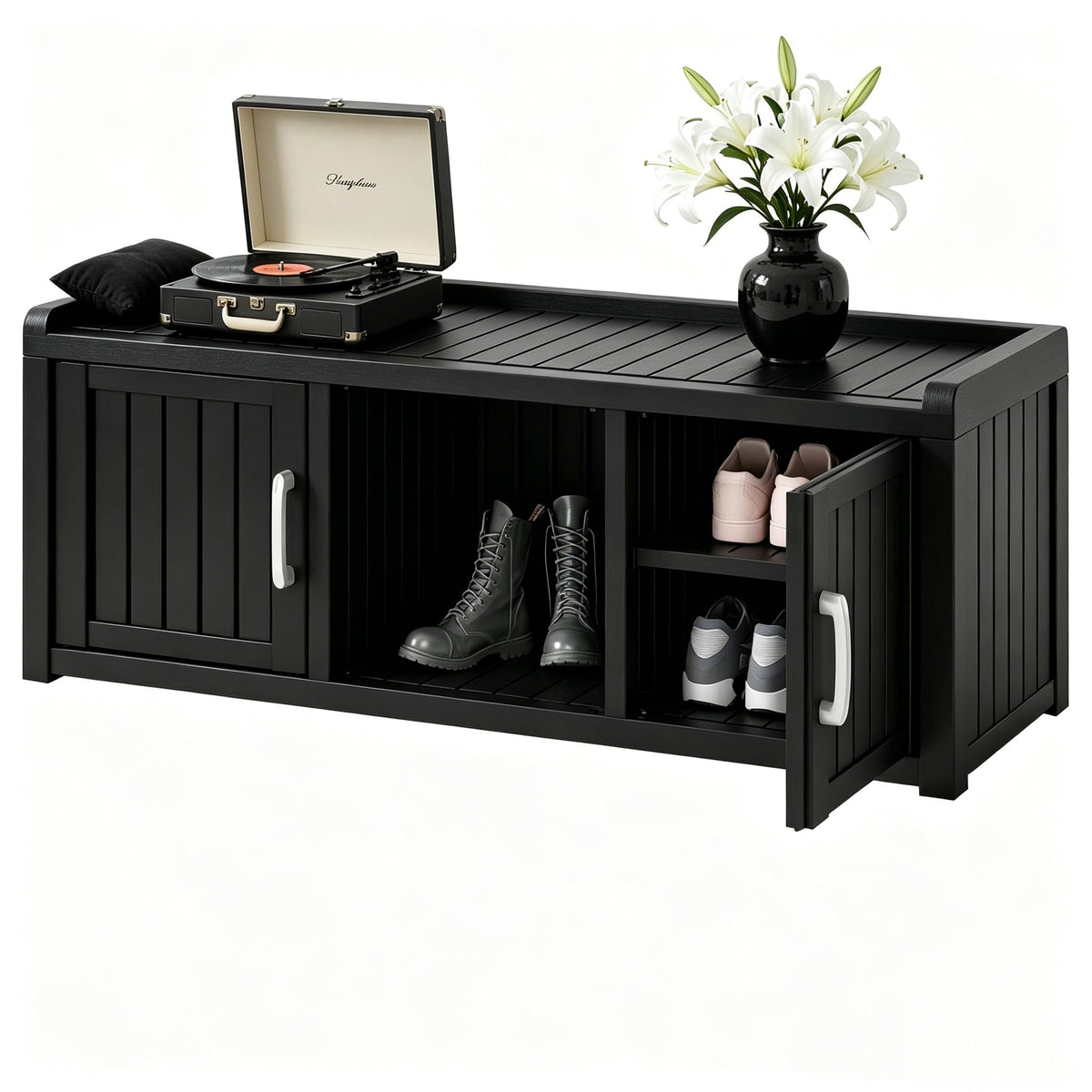 2-Tier Storage Bench, Waterproof UV-Resistant Outdoor Shoe Storage Cabinet with 2 Doors & Adjustable Shelves for Indoor Outdoor Entryway, Hallway, Living Room(Black)