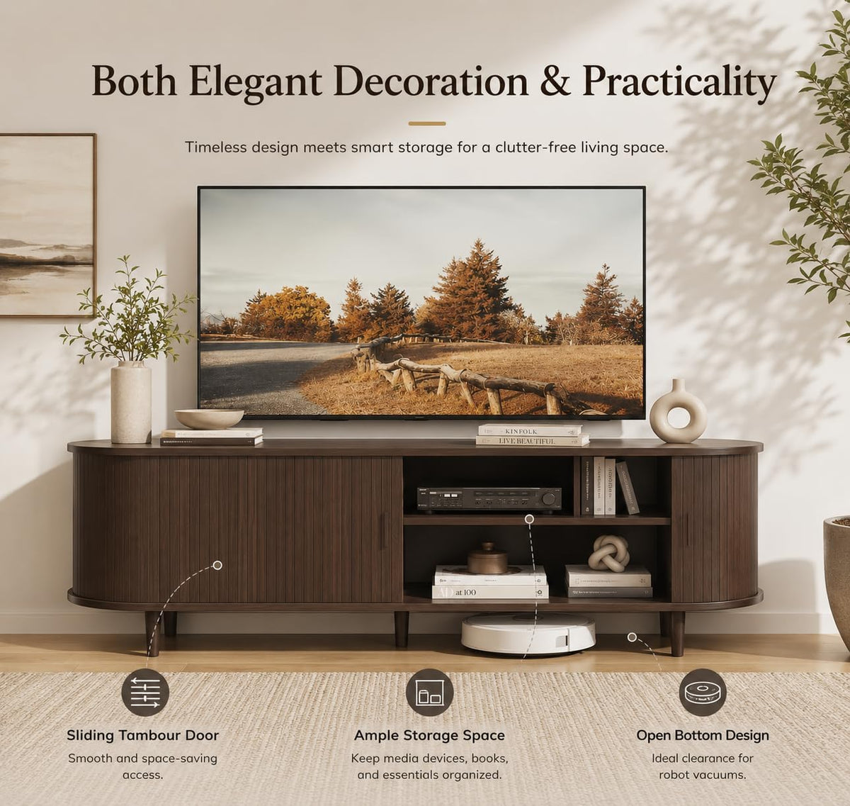 MXV 58" Mid-Century Modern TV Stand with Sliding Doors, TV Consoles with Power Outlet, Fluted Entertainment Center with Adjustable Shelves for Living Room