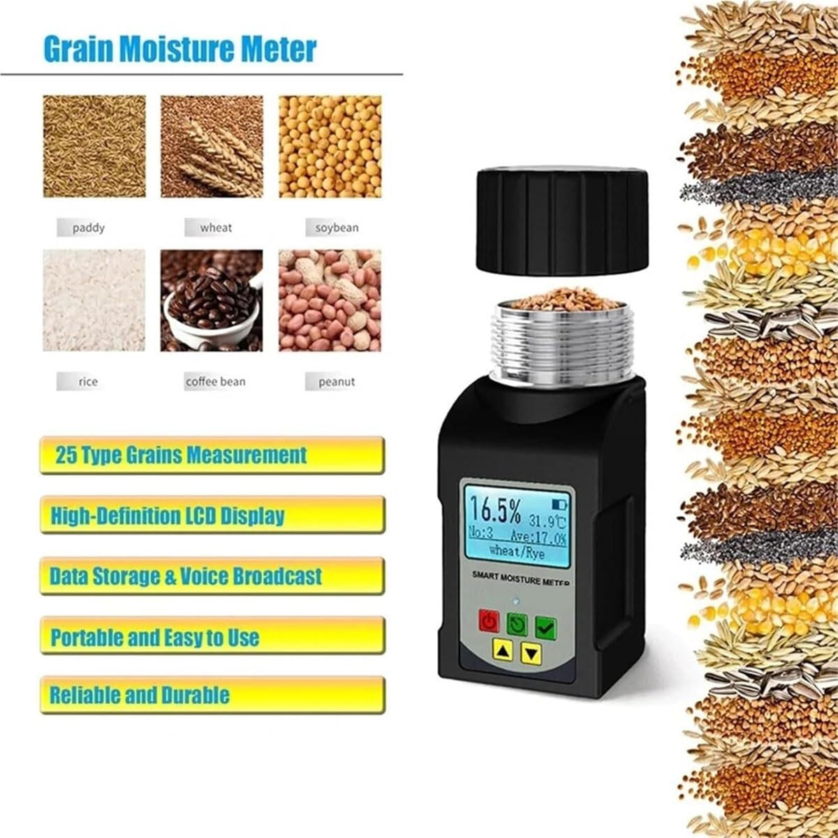 Digital Grain & Coffee PRO Moisture Meter, 90ml Portable Corn Rice Grain Humidity Meter with LCD Backlight Display, Measure 25 Different Types of Grains, for Coffee Cocoa Rice Wheat