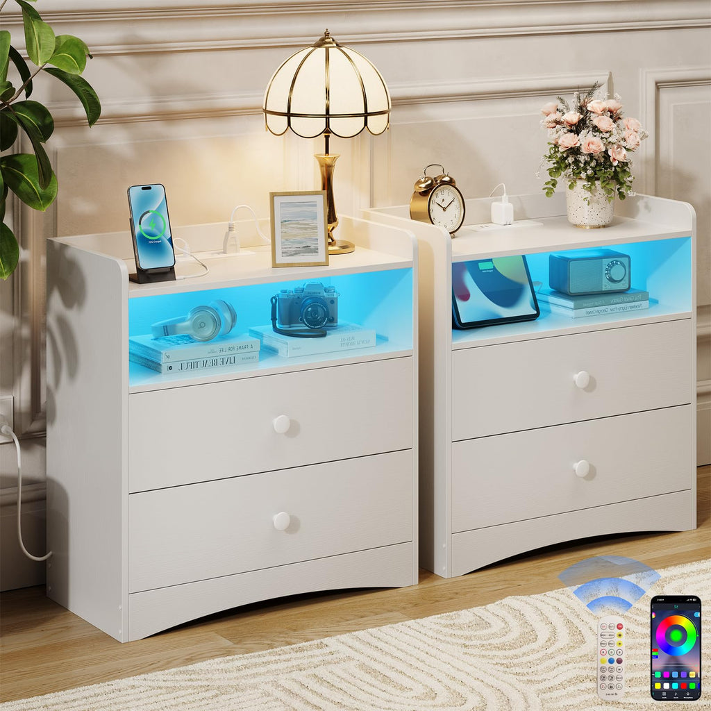 Memobarco Nightstand with Charging Station and LED Light, Black