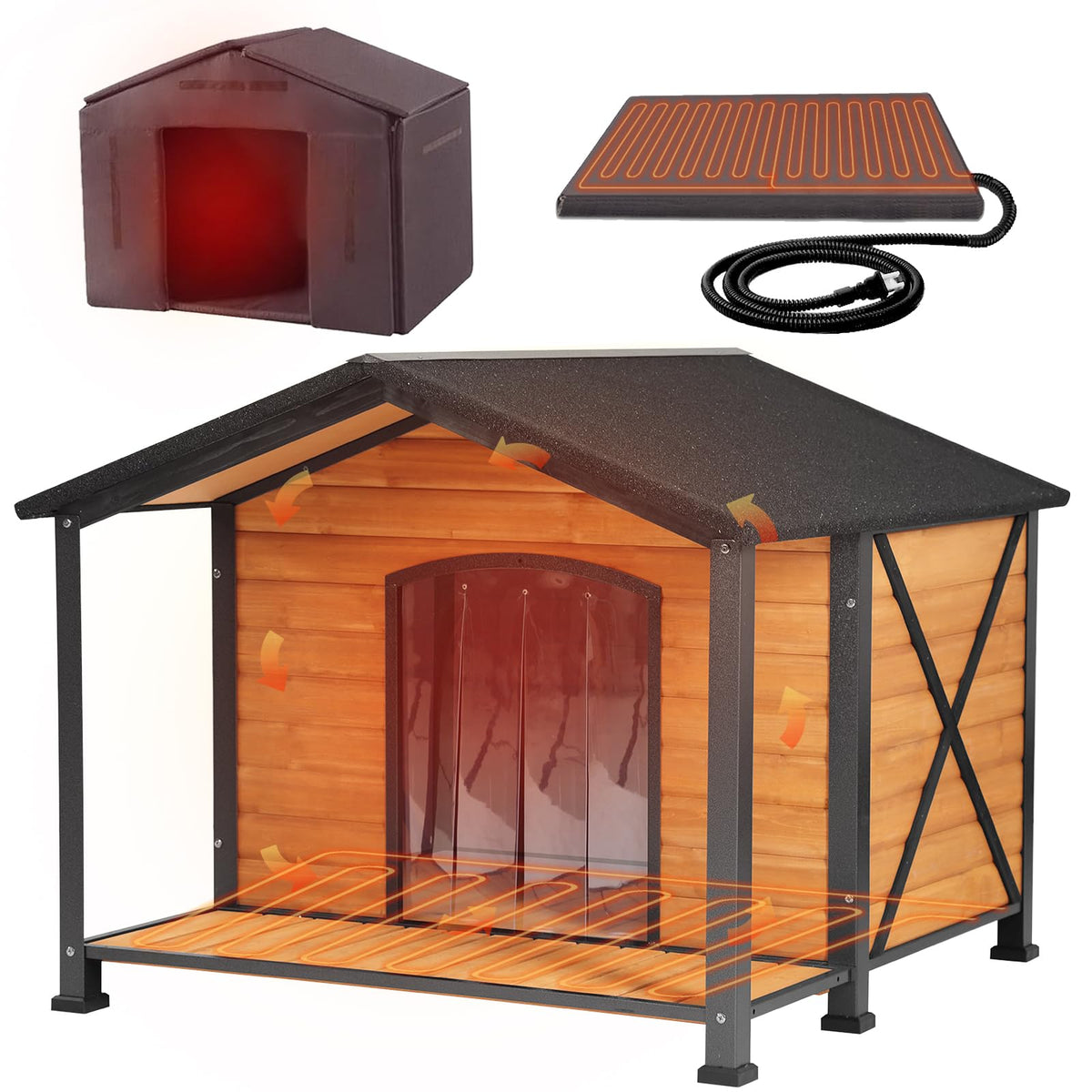 GUTINNEEN Large Outdoor Heated Dog House for Outside with Heating Pad,Brown